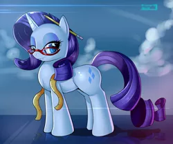 Size: 2091x1741 | Tagged: safe, artist:skyline19, derpibooru import, rarity, pony, unicorn, bedroom eyes, female, glasses, looking at you, mare, measuring tape, pencil, rarity's glasses, smiling, solo