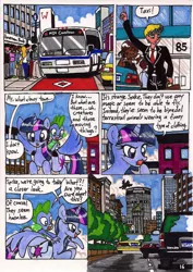 Size: 1280x1813 | Tagged: safe, artist:newyorkx3, derpibooru import, spike, twilight sparkle, twilight sparkle (alicorn), alicorn, dragon, human, pony, comic:twilight and the big city, bus, car, chevrolet, chevrolet suburban, comic, female, flying, ford, ford crown victoria, male, mare, mercedes-benz, mercedes-benz e-class, mercedes-benz w210, new york, taxi, traditional art