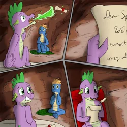 Size: 1280x1280 | Tagged: artist:fuzebox, burp, cave, comic, derpibooru import, dragon, dragon mail, fire, green fire, letter, oc, oc:sharp, safe, scroll, semi-anthro, sitting, spike, spike's journey, teenaged dragon, teenager, teenage spike