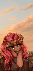 Size: 1400x3000 | Tagged: artist:vardastouch, cloud, cloudy, derpibooru import, floral head wreath, fluttershy, safe, sky, solo, sunset, wreath