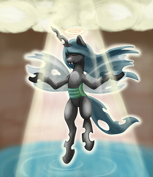 Size: 1217x1404 | Tagged: artist:endrome, crepuscular rays, derpibooru import, flying, queen chrysalis, safe, solo, water