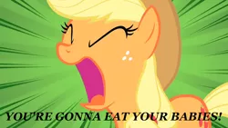 Size: 1280x720 | Tagged: angry, applejack, derpibooru import, edit, edited screencap, fred phelps, image macro, open mouth, over a barrel, quote, safe, screencap, shout, solo, westboro baptist church, yelling