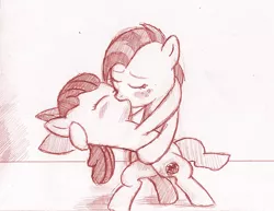 Size: 792x612 | Tagged: safe, artist:jaxonian, derpibooru import, apple bloom, babs seed, earth pony, pony, ask fapplebloom, appleseed, blushing, female, incest, kissing, lesbian, monochrome, shipping