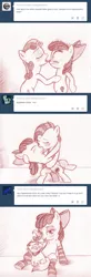 Size: 792x2416 | Tagged: suggestive, artist:jaxonian, derpibooru import, apple bloom, babs seed, opalescence, sweetie belle, pony, ask fapplebloom, appleseed, ask, babe seed, blushing, censorship, clothes, comic, covering, fapplebloom, female, flash, foalcon, funny, incest, kissing, lesbian, licking, monochrome, pun, shipping, socks, strategically covered, striped socks, surprise kiss, surprised, sweetiebloom, tango, tumblr, visual pun
