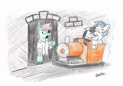 Size: 1024x716 | Tagged: safe, artist:bobthedalek, derpibooru import, octavia melody, vinyl scratch, earth pony, pony, unicorn, zombie, 2spooky, broken, carnival, ghost train, hug, scared, vinyl is amused