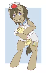 Size: 700x1100 | Tagged: adorkable, artist:pitchpatch, awkward, bipedal, crossdressing, cute, derpibooru import, doctor whooves, dork, hat, male, nurse, nurse turner, paperwork, safe, sheepish grin, solo, time turner, trap