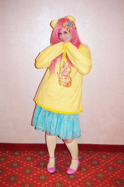 Size: 638x960 | Tagged: another anime convention, artist:pockyprincessdarcy, clothes, cosplay, derpibooru import, fluttershy, human, irl, irl human, photo, safe, solo, sweater, sweatershy, youmacon