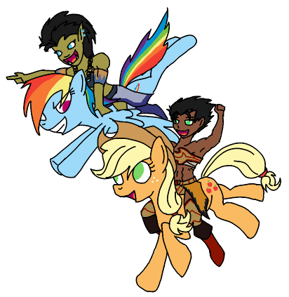 Size: 412x423 | Tagged: applejack, artist:wryte, crossover, derpibooru import, human, oc, oc:saeris, orc, rainbow dash, riding, safe, shaman, warcraft, warrior, world of warcraft