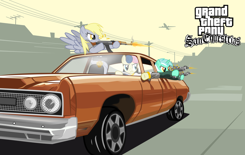 Size: 12000x7626 | Tagged: dead source, safe, artist:medio-cre, derpibooru import, bon bon, derpy hooves, lyra heartstrings, sweetie drops, ponified, pegasus, pony, absurd resolution, ak-47, badass, blackletter, bling, car, clothes, crossover, drive-by, driving, dual wield, female, grand theft auto, gta san andreas, gun, mare, micro uzi, muffin, parody, plane, shooting, vector, video game, who needs trigger fingers