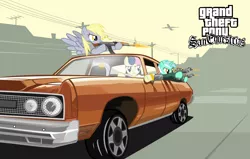 Size: 12000x7626 | Tagged: dead source, safe, artist:medio-cre, derpibooru import, bon bon, derpy hooves, lyra heartstrings, sweetie drops, ponified, pegasus, pony, absurd resolution, ak-47, badass, blackletter, bling, car, clothes, crossover, drive-by, driving, dual wield, female, grand theft auto, gta san andreas, gun, mare, micro uzi, muffin, parody, plane, shooting, vector, video game, who needs trigger fingers