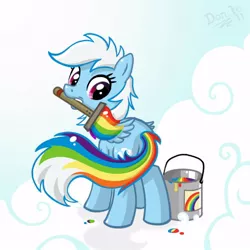 Size: 600x600 | Tagged: safe, artist:don-ko, derpibooru import, rainbow dash, pegasus, pony, artifact, cloud, colorless dash, dash's little secret, dye, dyed tail, exploitable meme, female, hair dye, looking back, mare, meme, mouth hold, on a cloud, paint, paint bucket, paint on fur, paintbrush, painting, rainbow paint, rainbow tail, rainbow-less dash, secret, signature, solo, this explains everything, white hair, white mane