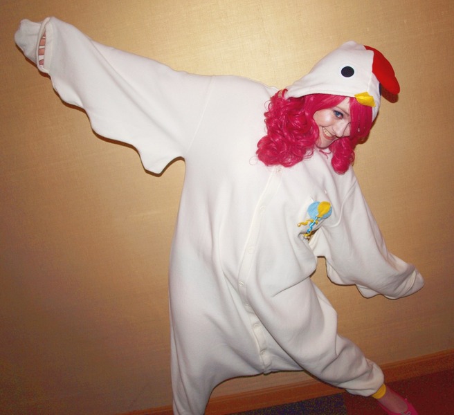 Size: 1280x1170 | Tagged: animal costume, artist:charmsandpandas, chicken pie, chicken suit, clothes, cosplay, costume, derpibooru import, human, irl, irl human, kigurumi, photo, pinkie pie, safe, solo, tekkoshocon