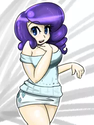 Size: 1024x1365 | Tagged: artist:acharmingpony, breasts, busty rarity, clothes, curvy, derpibooru import, female, human, humanized, miniskirt, off shoulder, rarity, safe, short-sleeved sweater, skirt, solo, sweater, thighs, tube skirt