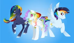 Size: 880x515 | Tagged: safe, artist:kilo, derpibooru import, oc, oc:cloud puff, oc:sunrise brisk, oc:white whirl, unofficial characters only, pony, brother and sister, female, gradient background, male, mare, offspring, parent:rainbow dash, parent:soarin', parents:soarindash, siblings, sisters, stallion
