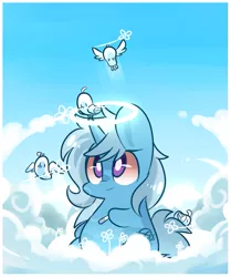 Size: 615x735 | Tagged: safe, artist:lifeloser, derpibooru import, trixie, bird, pony, unicorn, ask-stoned-trixie, cloud, cloudy, drug use, drugs, female, halo, high, in memoriam, joint, mare, marijuana, rest in peace, solo, stoned trixie