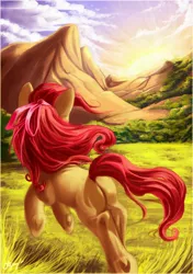 Size: 1200x1700 | Tagged: action pose, apple bloom, artist:locksto, back, derpibooru import, mountain, running, safe, scenery, solo, sunrise