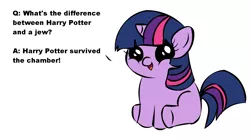 Size: 1194x668 | Tagged: semi-grimdark, deleted from derpibooru, derpibooru import, twilight sparkle, pony, unicorn, antisemitism, filly, filly twilight sparkle, filly twilight telling an offensive joke, harry potter, holocaust joke, implied death, jew, joke, meme, obligatory pony, solo, we are going to hell