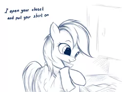 Size: 1024x768 | Tagged: safe, artist:rainbow, derpibooru import, rainbow dash, pegasus, pony, bronybait, clothes, creepy rainbow dash, cute, drawer, female, mare, monochrome, raised hoof, shirt, simple background, sketch, solo, white background