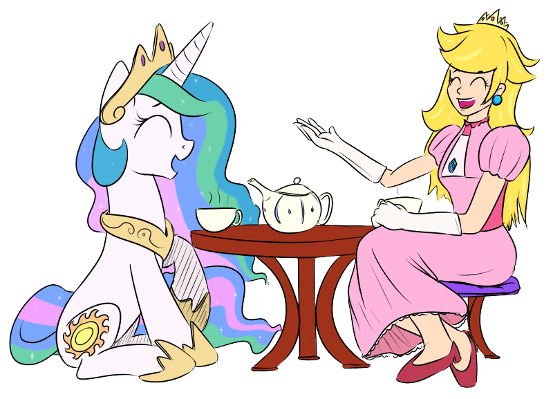 Size: 800x577 | Tagged: crossover, derpibooru import, human, nintendo, princess celestia, princess peach, safe, super mario bros., talking, tea, tea party