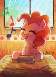 Size: 1097x1500 | Tagged: artist:cuteskitty, backlighting, baking, cooking, cute, derpibooru import, diapinkes, dough, eyes closed, music notes, open mouth, pinkie pie, rolling pin, safe, singing, solo, table, window