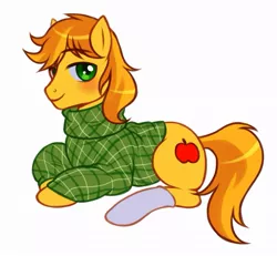 Size: 937x867 | Tagged: artist:2ll2l, artist:aaron kim, artist:shaun-mars, blushing, braebetes, braeburn, clothes, cute, derpibooru import, looking at you, safe, socks, solo, stupid sexy braeburn, sweater