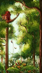 Size: 638x1100 | Tagged: apple bloom, artist:chocolatesun, cutie mark crusaders, derpibooru import, detailed, falling, forest, human, humanized, ladder, safe, scenery, scootaloo, sweetie belle, tree, treehouse