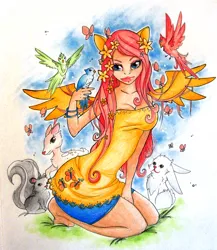 Size: 1000x1154 | Tagged: animal, artist:white-nephilim, derpibooru import, eared humanization, fluttershy, human, humanized, light skin, safe, solo, traditional art, winged humanization