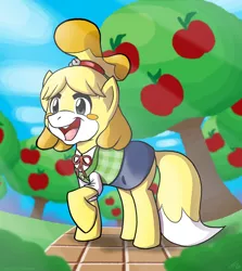 Size: 800x896 | Tagged: safe, artist:tobibrocki, derpibooru import, ponified, animal crossing, animal crossing: new leaf, apple, apple tree, clothes, cute, isabelle, nintendo, open mouth, raised hoof, secretary, smiling, solo, tree
