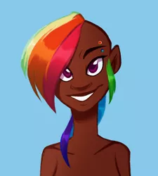 Size: 848x942 | Tagged: artist:tychosexual, bare shoulder portrait, dark skin, derpibooru import, human, humanized, mohawk, piercing, portrait, rainbow dash, safe, solo, undercut