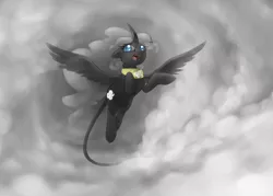 Size: 3211x2300 | Tagged: safe, artist:madcookiefighter, derpibooru import, oc, unofficial characters only, alicorn, pony, alicorn oc, cloud, cloudy, curved horn, fangs, flying, solo