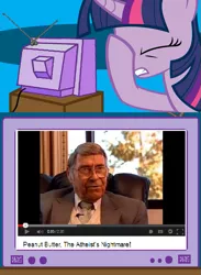 Size: 563x771 | Tagged: creationism, derpibooru import, exploitable meme, facehoof, logical fallacy, meme, obligatory pony, peanut butter, safe, seems legit, stupidity, tv meme, twilight sparkle, youtube