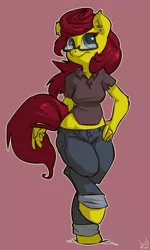 Size: 692x1153 | Tagged: safe, artist:atryl, derpibooru import, oc, unofficial characters only, anthro, earth pony, unguligrade anthro, anthro oc, clothes, earring, female, glasses, hand on hip, midriff, pants, solo