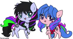 Size: 1024x553 | Tagged: safe, artist:ponymonster, derpibooru import, oc, oc:glitter ecstasy, oc:shimmer star, unofficial characters only, bow, necklace, simple background, sisters