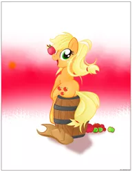 Size: 1381x1800 | Tagged: apple, applejack, artist:stec-corduroyroad, balancing, barrel, derpibooru import, plot, ponies balancing stuff on their nose, safe, sitting, solo