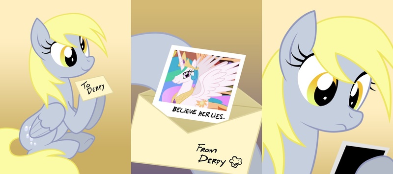 Size: 1800x800 | Tagged: safe, artist:youwillneverkno, derpibooru import, derpy hooves, princess celestia, pegasus, pony, exploitable meme, female, lies, mail, mare, memento, parody, underp