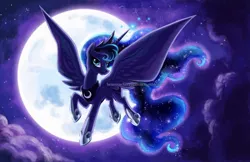 Size: 1200x776 | Tagged: artist:briannacherrygarcia, backlighting, derpibooru import, flying, looking at you, moon, night, princess luna, safe, solo