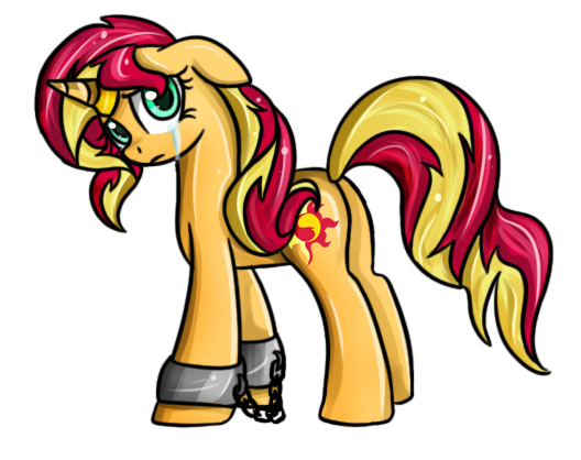 Size: 528x418 | Tagged: safe, artist:crystaltigerdragon, derpibooru import, sunset shimmer, pony, unicorn, bondage, bondage cuffs, bondage gear, chains, crying, cuffs, floppy ears, frown, horn ring, looking at you, looking back, magic suppression, plot, sad, shackles, shimmerbuse, simple background, slave, slavery, solo, sunsad shimmer, transparent background