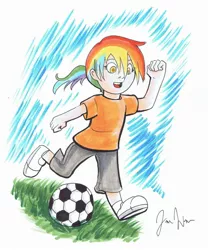 Size: 2008x2416 | Tagged: derpibooru import, football, human, humanized, interspecies offspring, light skin, magical lesbian spawn, oc, oc:rainbow feather, offspring, parent:gilda, parent:rainbow dash, parents:gildash, ponytail, safe, solo, unofficial characters only, young