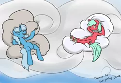 Size: 1000x685 | Tagged: artist:midnight-wizard, ask-stoned-trixie, cloud, cloudy, derpibooru import, drugs, oc, oc:headcase, safe, stoned trixie, trixie, unshorn fetlocks