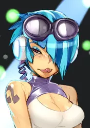 Size: 400x572 | Tagged: safe, artist:doxy, derpibooru import, vinyl scratch, human, breasts, busty vinyl scratch, cleavage, cutie mark on human, eyeshadow, female, hair over one eye, headphones, humanized, keyhole shirt, makeup, portrait, solo, stupid sexy vinyl, tongue out