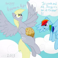 Size: 1280x1280 | Tagged: safe, artist:m-p-l, derpibooru import, derpy hooves, rainbow dash, pegasus, pony, costume, female, flying, mare, muffin, pregnant