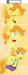 Size: 1280x3444 | Tagged: suggestive, artist:acstlu, derpibooru import, braeburn, pony, ask, bipedal, bling, blushing, clothes, comic, drag queen, earring, eyeliner, implied gay, knot shirt, male, necklace, no homo, not gay, shirt, shorts, solo, solo male, straps, tumblr, yes