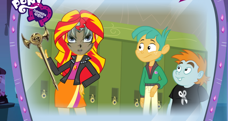 Size: 744x397 | Tagged: safe, derpibooru import, snails, snips, sunset shimmer, equestria girls, become an equestria girl, marik ishtar, parody, pepe, steve, yugioh abridged