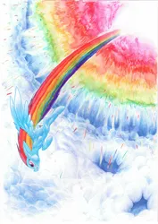 Size: 1652x2338 | Tagged: safe, artist:kerui8d, derpibooru import, rainbow dash, pegasus, pony, badass, epic, female, flying, long mane, mare, rainbow, solo, sonic rainboom, traditional art, trail