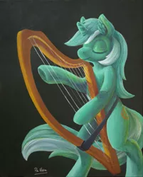 Size: 1297x1617 | Tagged: safe, artist:pa-kalsha, derpibooru import, lyra heartstrings, pony, bipedal, eyes closed, harp, musical instrument, playing, solo, traditional art