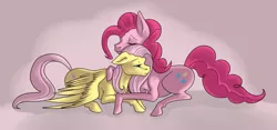 Size: 1024x481 | Tagged: artist:masktheplagues, comforting, crying, derpibooru import, female, flutterpie, fluttershy, hoers, hug, lesbian, pinkie pie, realistic, sad, safe, shipping