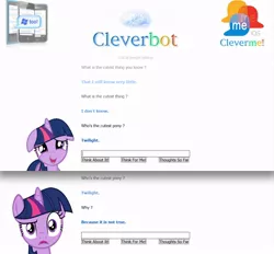 Size: 1008x935 | Tagged: cleverbot, comic, confused, cute, cutest pony, derpibooru import, lies, meme, reaction, safe, shocked, surprised, text, twilight sparkle, wat