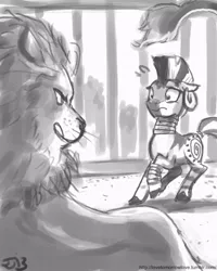 Size: 680x850 | Tagged: artist:johnjoseco, big cat, danger, derpibooru import, food chain, grayscale, imminent death, lion, monochrome, predator, prey, safe, scared, tumblr, zebra, zecora