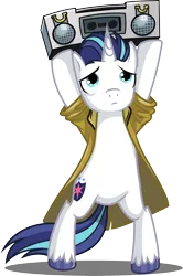 Size: 4360x6559 | Tagged: safe, artist:gray-gold, derpibooru import, idw, shining armor, pony, unicorn, neigh anything, absurd resolution, bipedal, boombox, boombox serenade, clothes, male, movie reference, say anything, serenade, simple background, solo, stallion, standing, transparent background, trenchcoat, vector