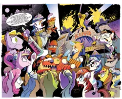 Size: 1024x831 | Tagged: safe, artist:andypriceart, artist:angieness, derpibooru import, idw, official, 33 1-3 lp, 8-bit (character), buck withers, diamond rose, gaffer, gizmo, lemony gem, long play, observer (character), princess cadance, shining armor, sweetcream scoops, unnamed character, unnamed pony, vinyl scratch, alicorn, earth pony, pegasus, pony, unicorn, neigh anything, spoiler:comic, spoiler:comic11, 80s, adam ant, andy you magnificent bastard, background pony, boy george, cowbell, cutiespark, danny elfman, devo, dj-pon3, drum kit, drums, energy dome, female, ferris bueller's day off, filly, filly vinyl scratch, frankie goes to hollywood, keytar, little girls, lyrics, male, mare, musical instrument, new wave, oingo boingo, revenge of the nerds, song reference, spread wings, stallion, teary eyes, text, the mystic knights of the electric stable, wings, younger